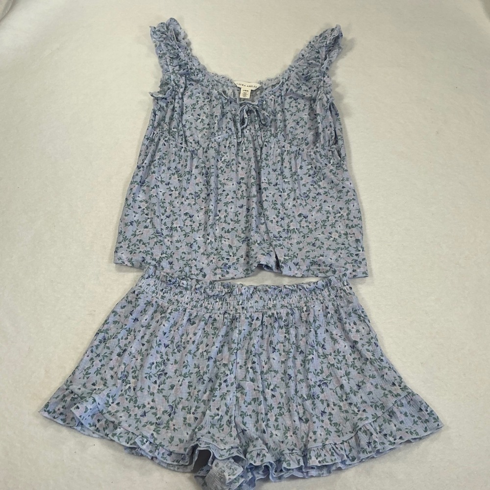 Laura Ashley Pajama Set Large Blue Floral Ruffle Tank Shorts 2 Piece Sleepwear